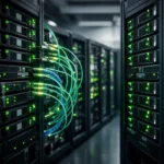 Nvidia AI data center servers connected with high-speed optical fiber cables powering artificial intelligence infrastructure