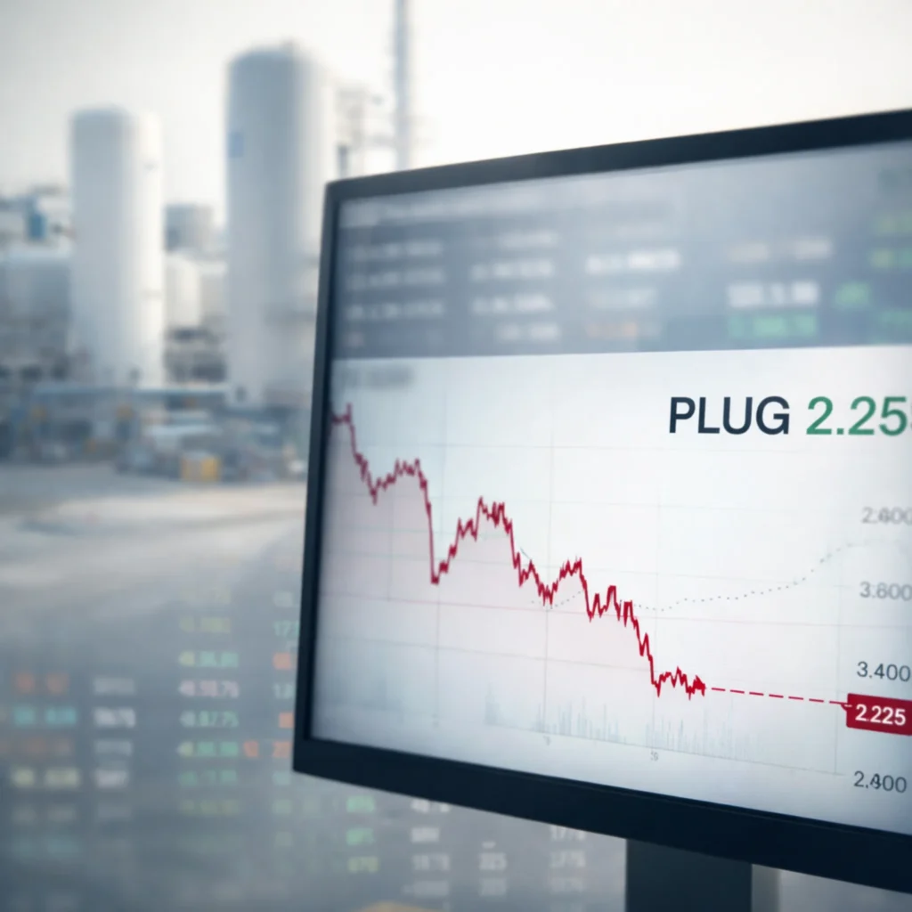 Plug Power stock market concept image with hydrogen energy theme and muted trading visuals