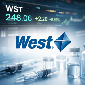 West Pharmaceutical logo with stock price data and pharmaceutical imagery.