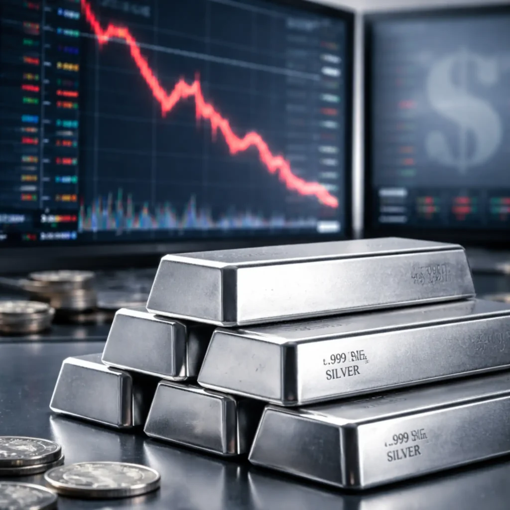 Silver bars stacked with falling price chart showing COMEX silver decline