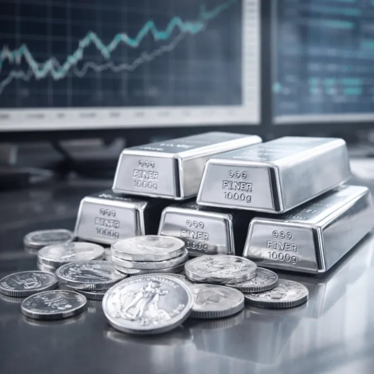 Stacked silver bars and coins representing rising US silver price today as COMEX silver futures rally in the global precious metals market.
