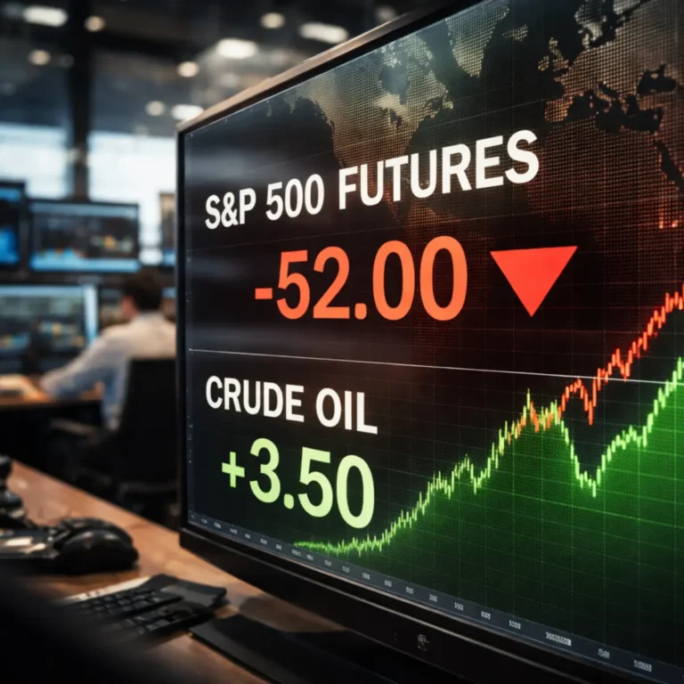 S&P 500 futures trading screen showing red decline while crude oil prices rise amid geopolitical tension