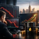 Stock market volatility as oil prices surge during Iran war escalation with trader watching falling stock charts and rising oil price graph
