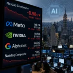 Tech stocks fall on Nasdaq screen with Meta Nvidia Google tickers visible