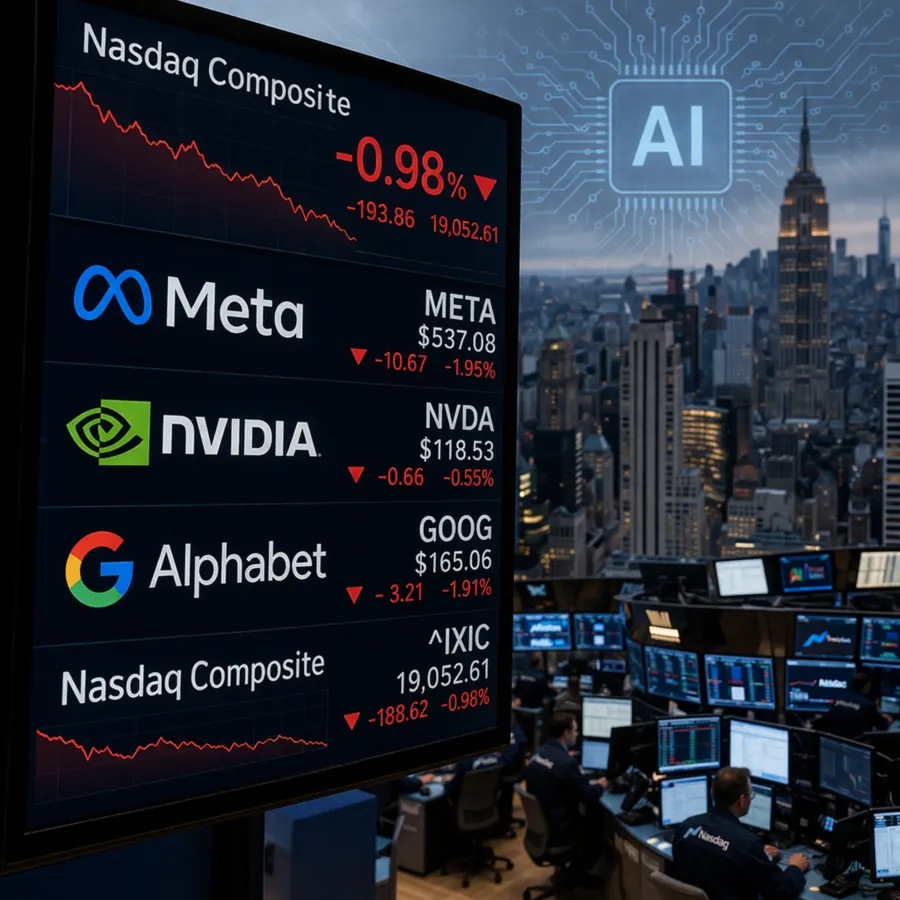 Tech stocks fall on Nasdaq screen with Meta Nvidia Google tickers visible