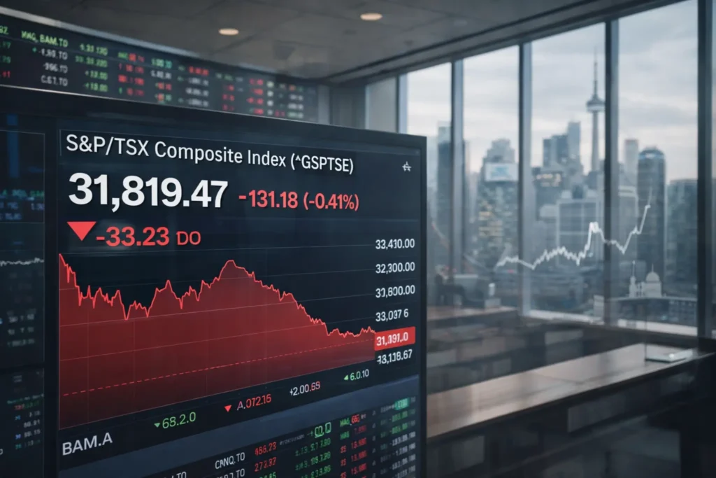 TSX index falling near 31,828 with red market trend