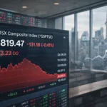 TSX index falling near 31,828 with red market trend