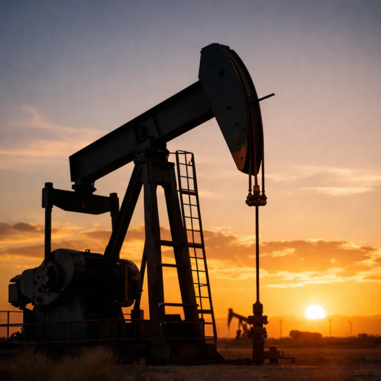 Oil pumpjack silhouetted at sunset in the United States as WTI NYMEX crude oil futures rise to $74.47 per barrel