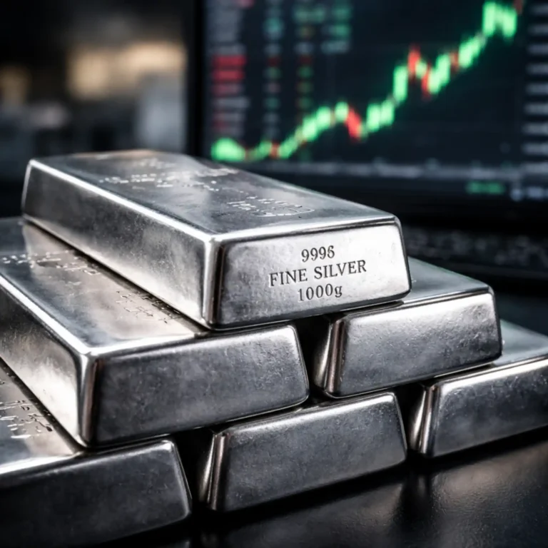 Stacked silver bullion bars in front of a blurred trading screen with rising green candlesticks, representing US silver price surge on COMEX.
