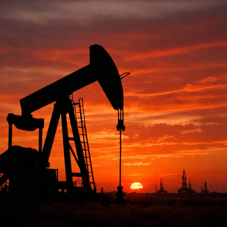 Oil pumpjack silhouetted at sunset as U.S.–Iran tensions drive volatility in crude oil prices