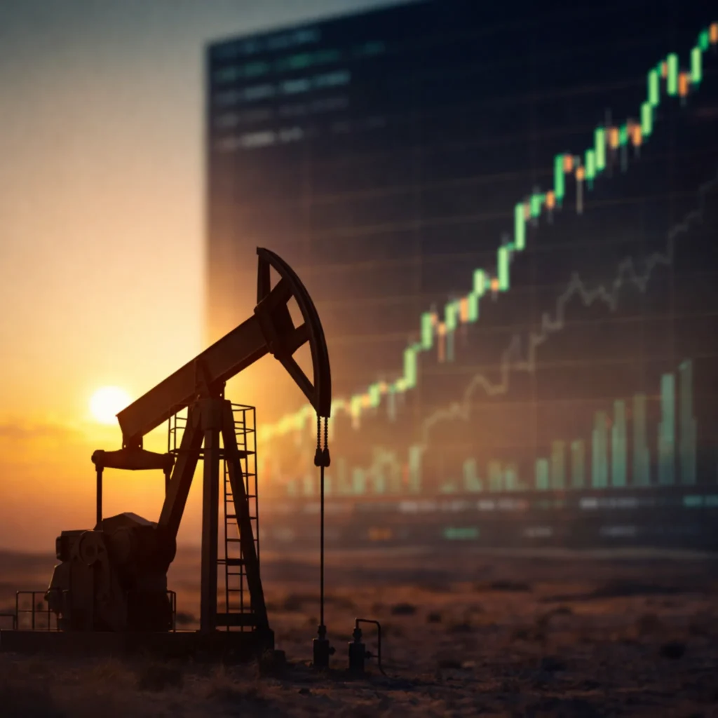 Oil pump jack with rising financial chart representing USO ETF oil rally.