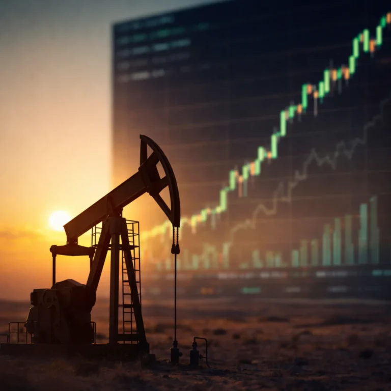Oil pump jack with rising financial chart representing USO ETF oil rally.