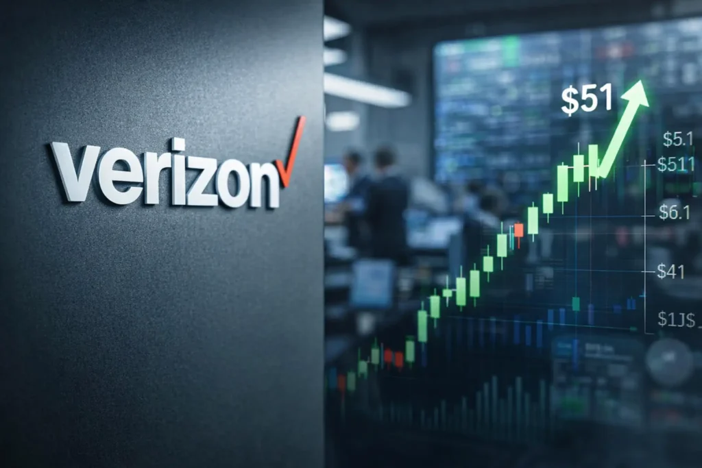 Verizon Communications VZ stock chart rising toward $51 as the telecom giant’s shares surge following strong earnings and subscriber growth.