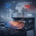 ASML chipmaking machine with silicon wafer and US China tech tension backdrop