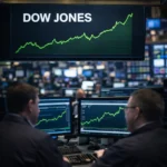 Dow Jones market rally with traders and green stock charts