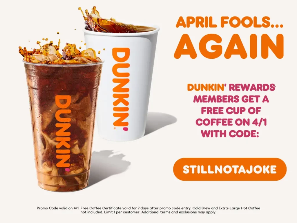 Dunkin’ Free Coffee Today With STILLNOTAJOKE Promo Code Hits 1,000,001 Giveaway