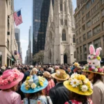 NYC Easter Parade crowd with colorful bonnets on Fifth Avenue