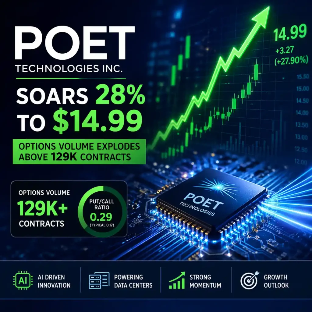 POET Soars 28% to $14.99 as Options Volume Explodes Above 129K Contracts
