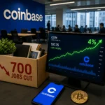 Coinbase office scene showing COIN stock rising 4 percent with job cuts and crypto market restructuring theme
