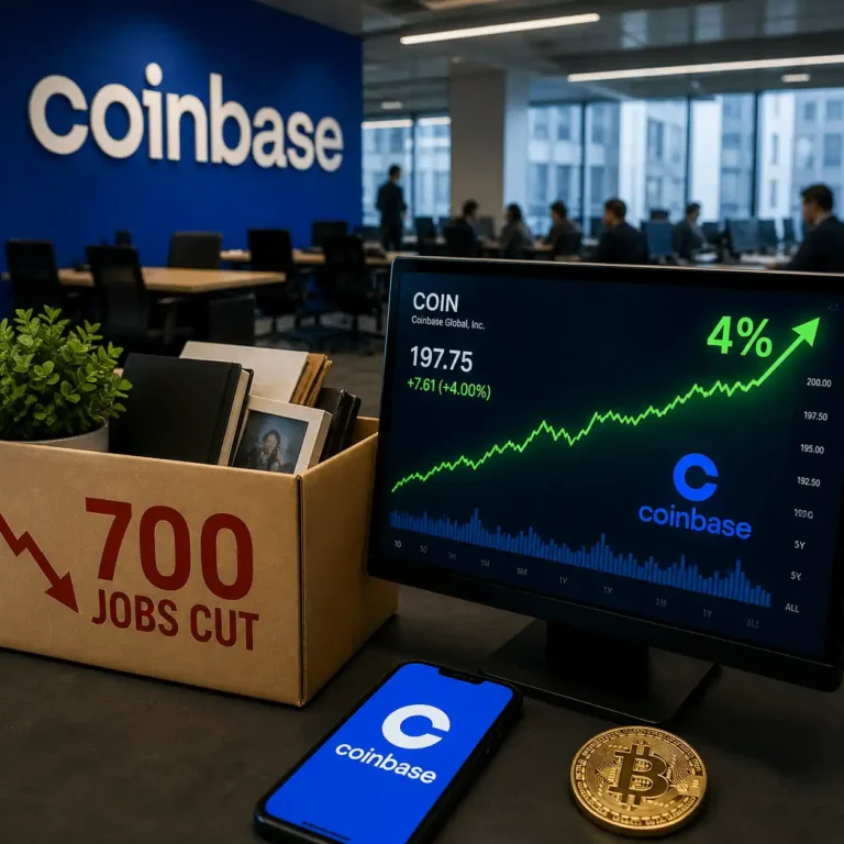 Coinbase office scene showing COIN stock rising 4 percent with job cuts and crypto market restructuring theme