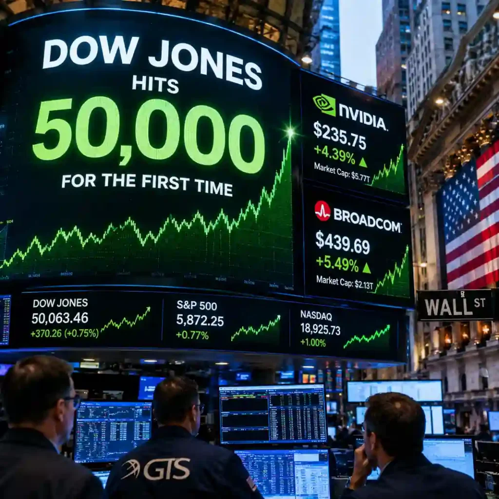Dow Jones Hits 50,000 for First Time as Nvidia and Broadcom Lead AI Stock Surge