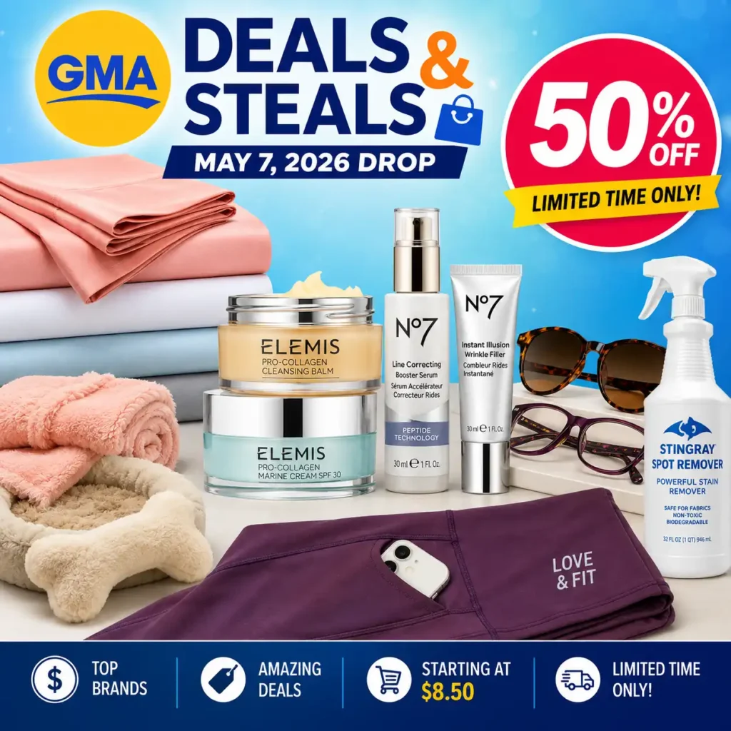 GMA Deals & Steals May 7 2026 products including skincare, bedding sheets, sunglasses and leggings on sale up to 50 percent off