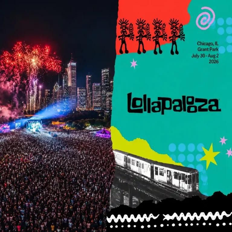 Crowds gather at Lollapalooza music festival in Chicago Grant Park during sunset concert performance