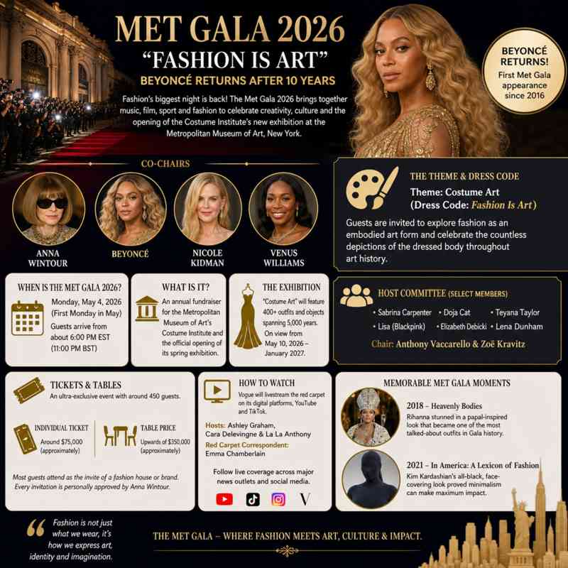 Met Gala 2026 Fashion Is Art theme infographic