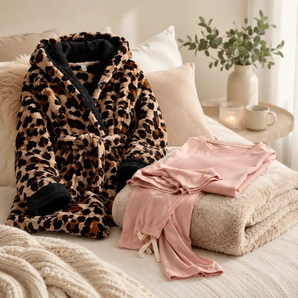 Mother’s Day winter warmer gifts in Australia with leopard sherpa robe, blanket and pink sleepwear