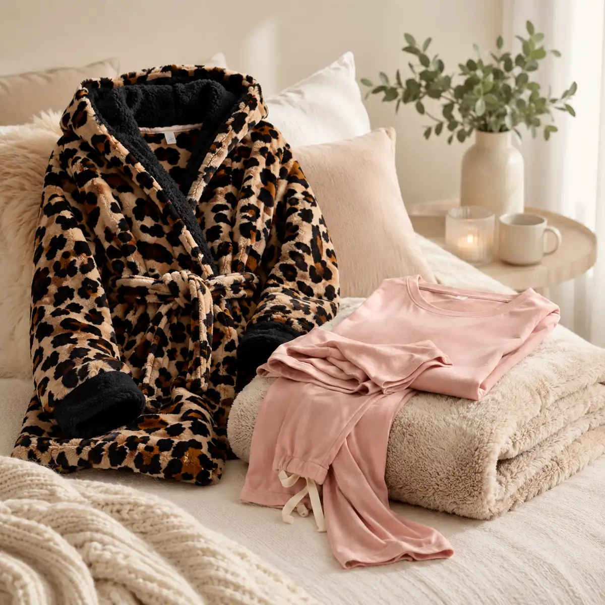 Mother’s Day winter warmer gifts in Australia with leopard sherpa robe, blanket and pink sleepwear