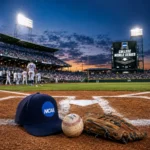NCAA baseball tournament field under stadium lights