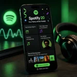 Spotify 20 mobile recap interface showing all-time music streaming history on smartphone screen with headphones beside it| swikblog.com