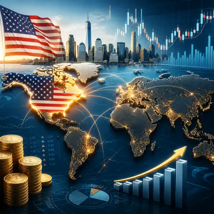 United States leading global wealth rankings with world map and financial growth chart