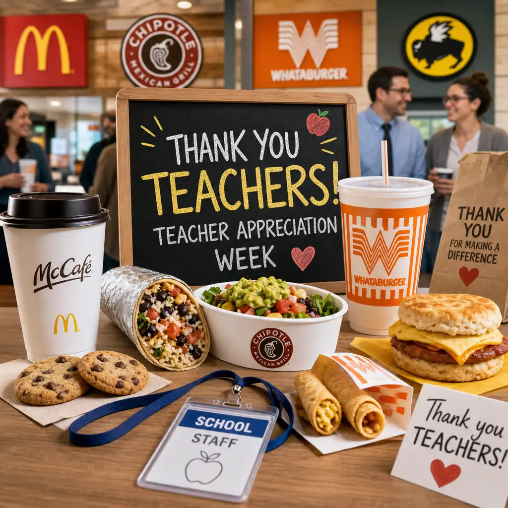 Teachers receiving free coffee, cookies and meals during Teacher Appreciation Week food deals in the US