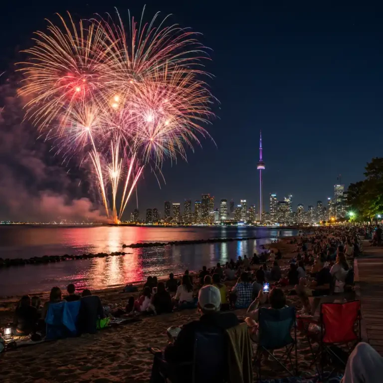 Toronto Victoria Day 2026 fireworks over Ashbridges Bay Park with crowds watching from the waterfront beach and Toronto skyline at night