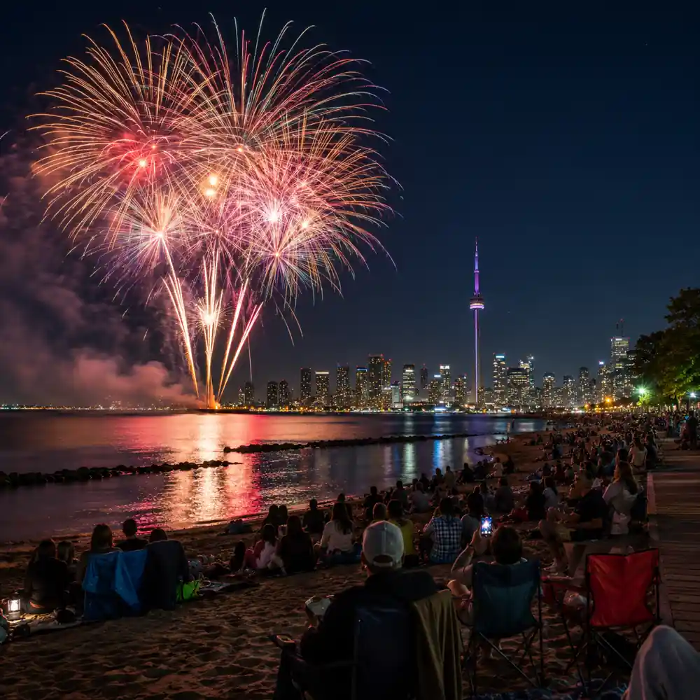 Toronto Victoria Day 2026 fireworks over Ashbridges Bay Park with crowds watching from the waterfront beach and Toronto skyline at night