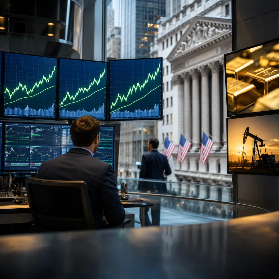 US stock market trading floor with rising charts after strong jobs report