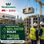 Swikblog feature image showing modular apartment construction with precast concrete units being lifted by crane at a modern building site, highlighting faster and cost-efficient housing development