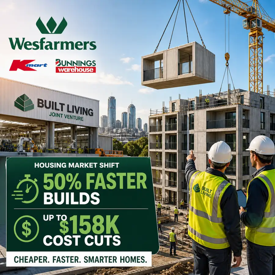 Swikblog feature image showing modular apartment construction with precast concrete units being lifted by crane at a modern building site, highlighting faster and cost-efficient housing development