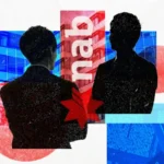 Illustration showing two silhouetted business figures with the NAB logo and digital security graphics, representing the National Australia Bank mortgage fraud investigation into alleged organised loan scam networks and trusted insiders.