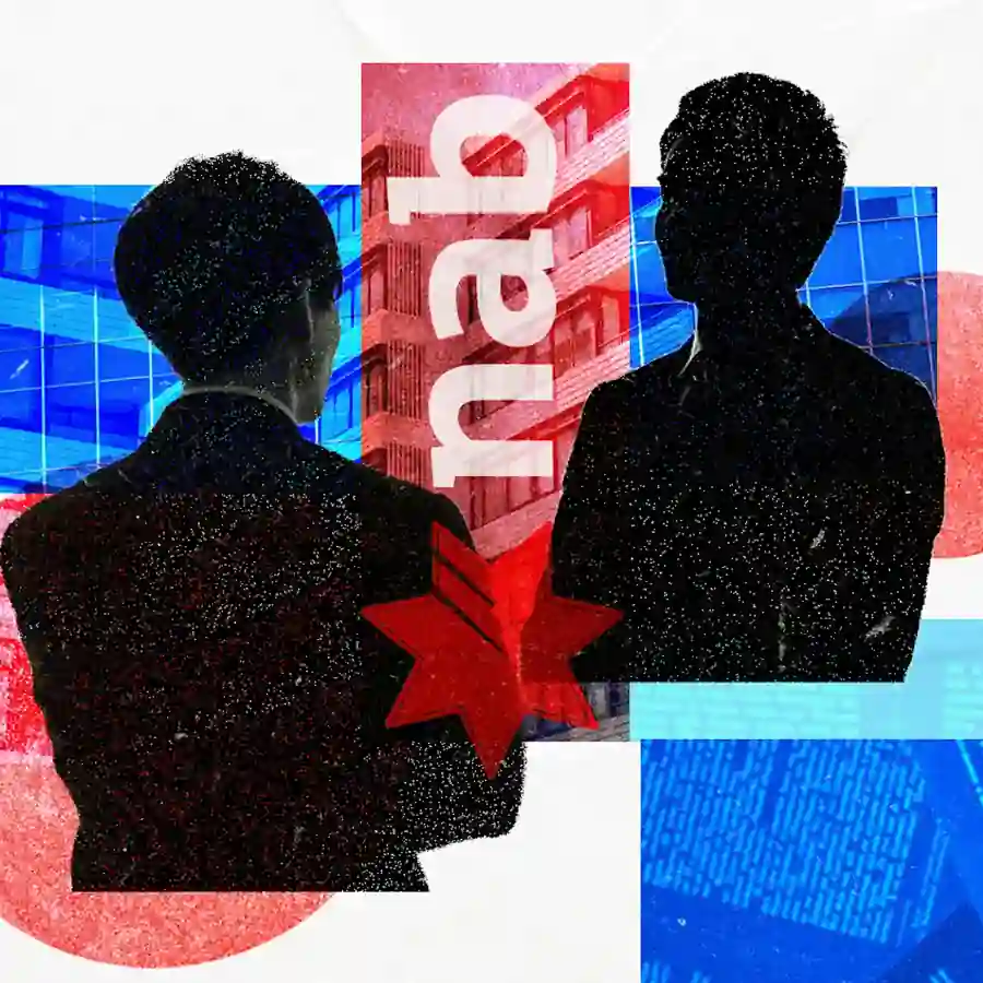 Illustration showing two silhouetted business figures with the NAB logo and digital security graphics, representing the National Australia Bank mortgage fraud investigation into alleged organised loan scam networks and trusted insiders.