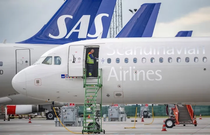 SAS Airline aircraft parked on the airport apron as the carrier announces an order for 18 Airbus A330neo jets under its $10 billion fleet renewal plan.