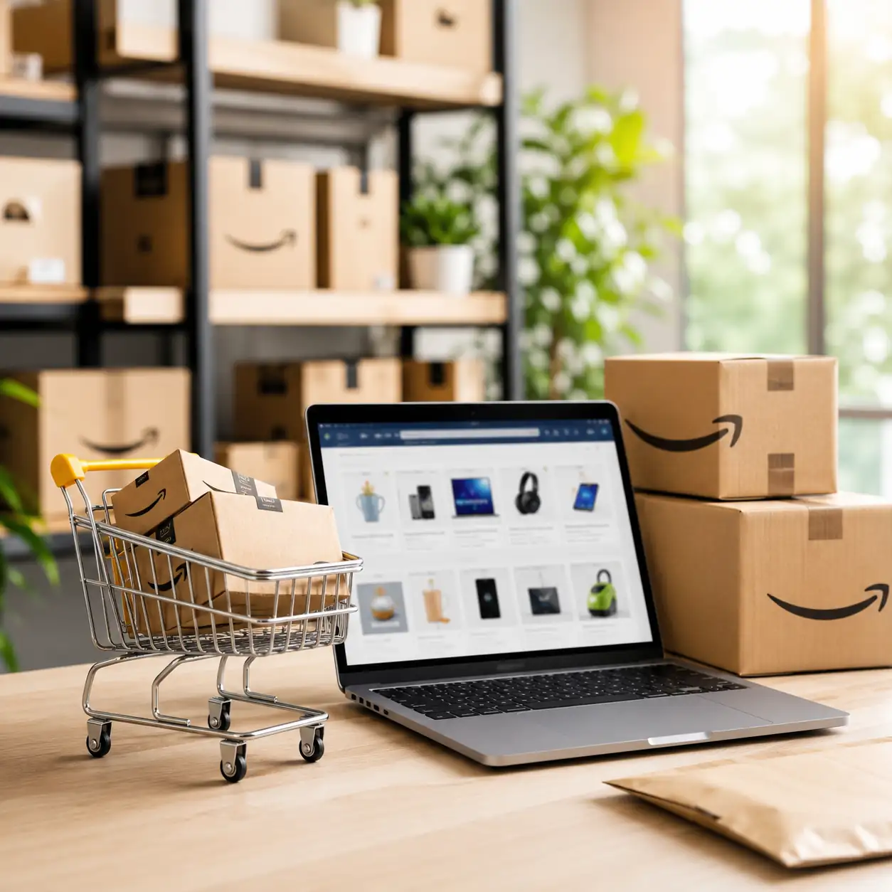 Amazon Prime Day 2026 shopping event with laptop, cart and delivery boxes.