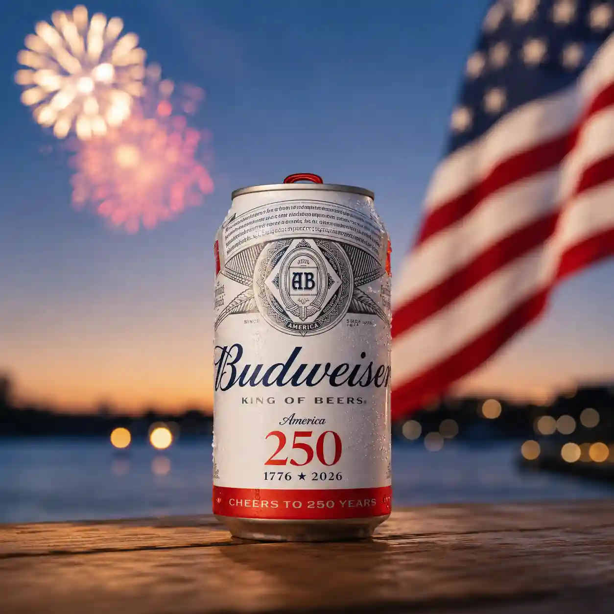 Budweiser beer can displayed with an American flag and Fourth of July fireworks in the background, symbolizing America's 250th birthday celebration and the brand's free beer giveaway promotion.