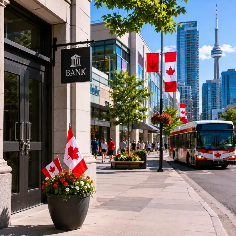 Canada Day 2026 open and closed guide with bank, transit, malls and Canadian flags.