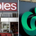 Coles and Woolworths supermarket logos as Australia introduces new pricing laws targeting excessive grocery prices from July 1, 2026.