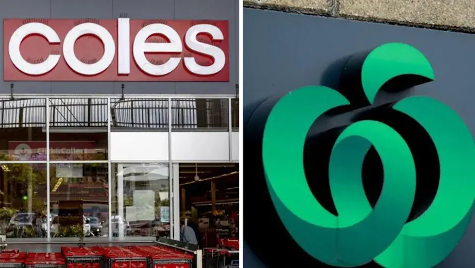 Coles and Woolworths supermarket logos as Australia introduces new pricing laws targeting excessive grocery prices from July 1, 2026.