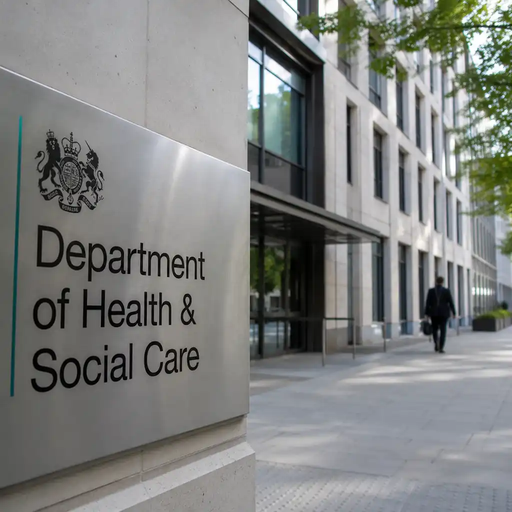 Department of Health and Social Care headquarters building sign representing the UK government's volunteer service assessor recruitment programme for digital health professionals
