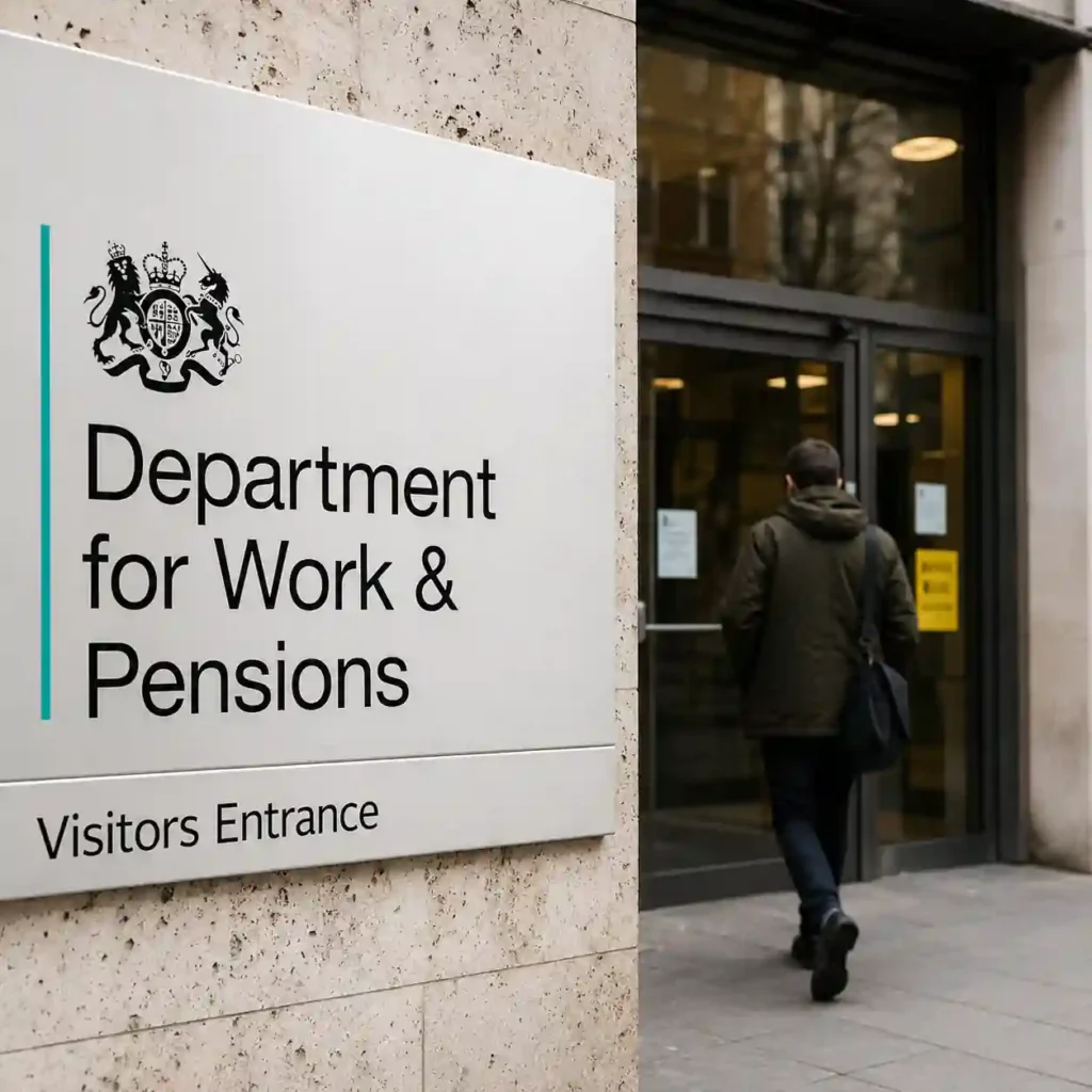 Department for Work and Pensions (DWP) office entrance sign in the UK, illustrating the government's new benefit debt recovery rules and driving licence enforcement powers introduced in 2026.