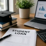 Student loan paperwork with graduation cap, laptop, calculator and financial documents representing the federal student loan changes taking effect on July 1, 2026